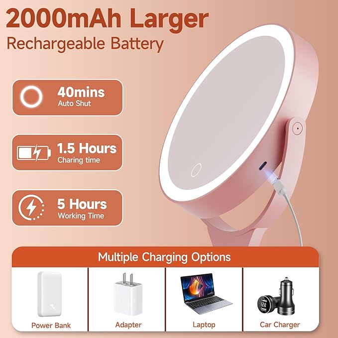 Hasipu Portable Travel Makeup Mirror with Lights – 360° Rotating with 1X/10X Magnifying, Rechargeable Tabletop Handhold Hanging 3 in 1 Mirror (Pink)