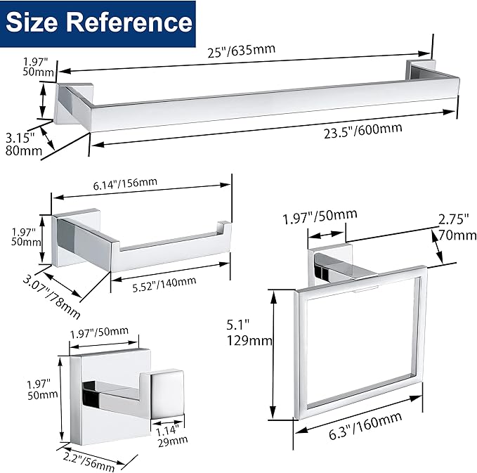 10 Pieces Bathroom Hardware Accessories Set Polished Chrome,24 Inch Bathroom Towel Rack Set SUS304 Stainless Steel, Square Bath Towel bar Set Heavy Duty, Wall Mounted