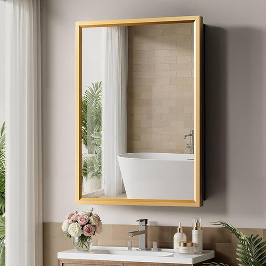 20“ x 28” Gold Medicine Cabinets for Bathroom with Mirror, Aluminum Alloy Framed Mirror＆Tempered Glass Design, Recessed or Surface Wall-Mounted Metal Bathroom Vanity Mirror with Storage Cabinet