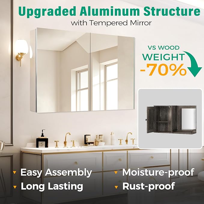16 x 24 Inch Medicine Cabinet Mirror,Bathroom Mirror Cabinet with Adjustable Shelves,Aluminum Silver Medicine Cabinets for Bathroom,Recessed or Wall Mounted Medicine Cabinets
