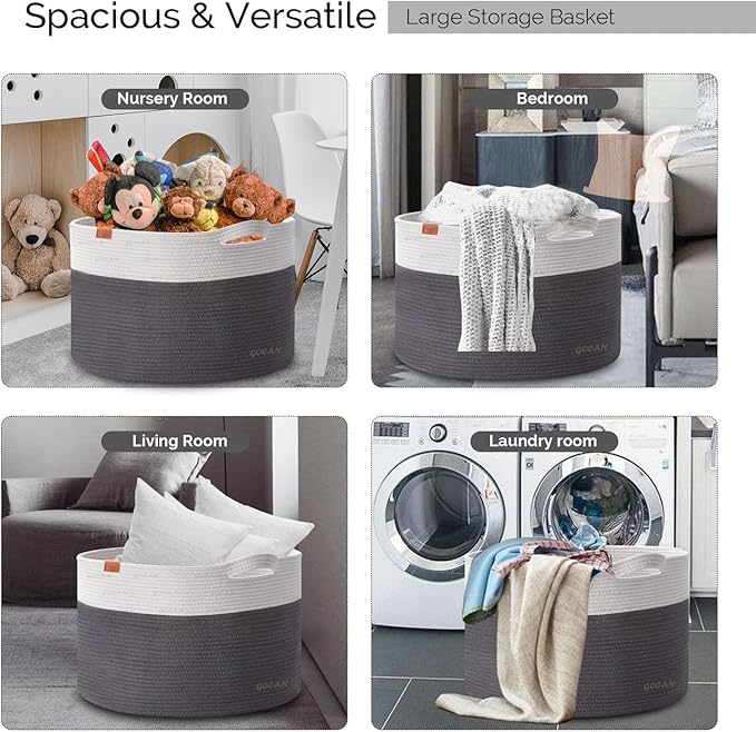 GOCAN Extra Large Laundry Basket toy storage 22"X22"X14" blanket basket Cotton Rope Woven Baskets with Handles for Living Room (Grey/Beige) XXXL