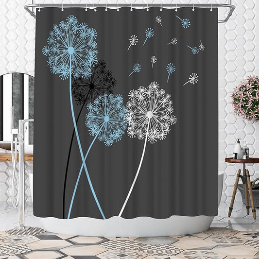 WELMECO Dandelion Shower Curtain Blue and Grey Grey Shower Curtain Bathroom Decor Polyester Fabric, 72x72inch