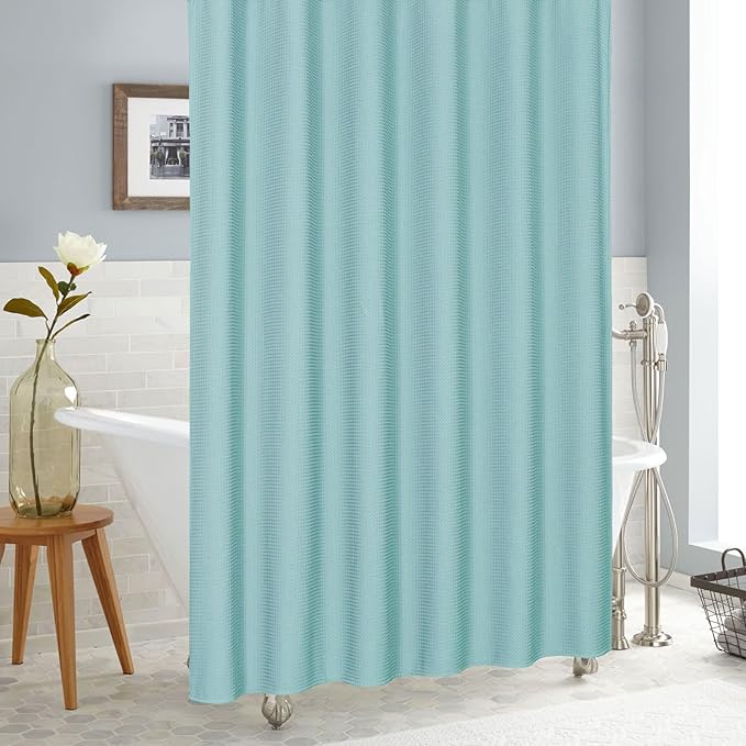 MitoVilla Teal Blue Waffle Small Stall Shower Curtain 36 x 72, Turquoise Half Size Fabric Narrow Shower Curtains for Bathroom Decor, 36 inch Weighted Shower Curtain Set with Plastic Hooks