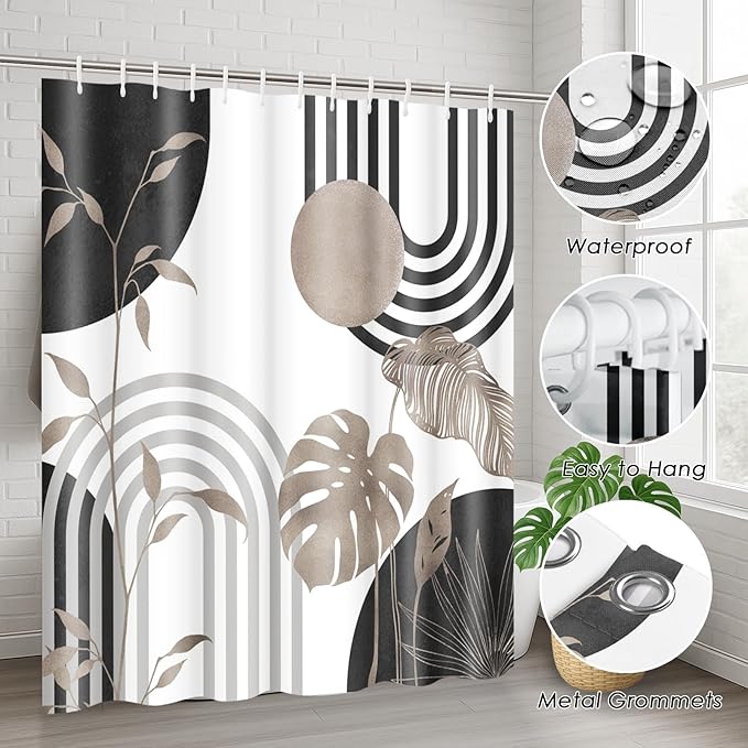 Boho Grey Shower Curtain Set with Toilet Lid Cover and Non-Slip Rugs, Abstract Leaf Minimalist Neutral 4 Pcs Modern Minimalist Vintage Shower Curtain for Bathroom Set with 12 Hooks