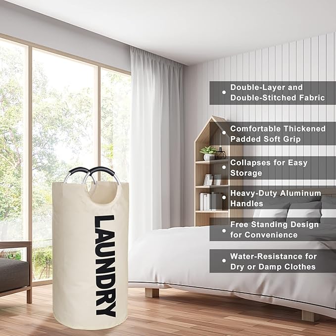 Tall Laundry Hamper Bag Collapsible, Large Laundry Basket with Sturdy Handles, Fabric Dirty Clothes Bin for Laundry, College Dorm, Boys, Man, Durable, Heavy Duty Two-Layer - White