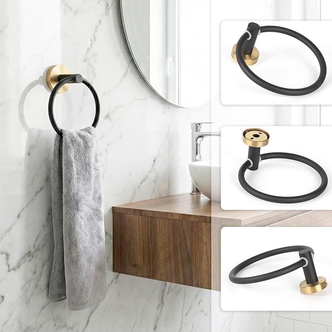 24 Inch Usable Towel Bar, 5-Piece Matte Black and Gold Bathroom Accessories, SUS304 Stainless Steel Towel Ring Holder, Toilet Paper Holder with 2 Hooks, Wall Mounted Modern Bathroom Hardware Set