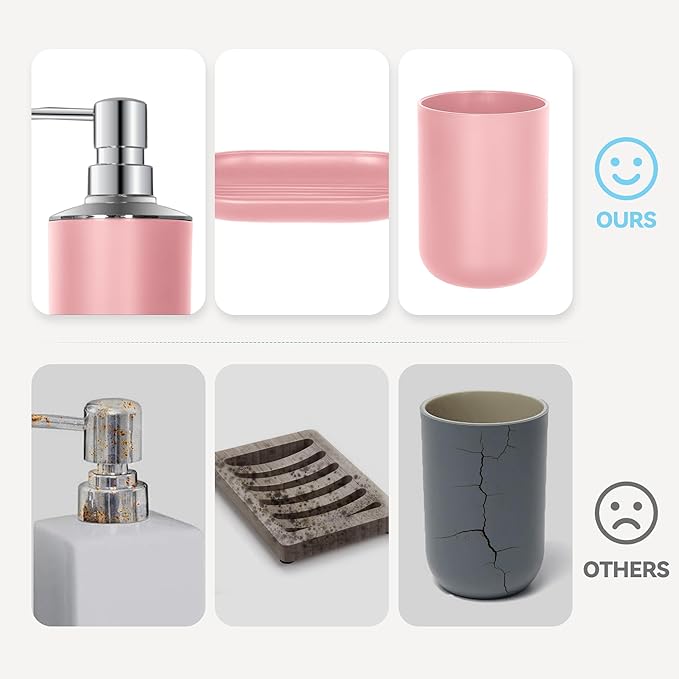 Pink Bathroom Accessories Set 4 PCS, Pink Bathroom Accessories, Plastic Soap Dispenser and Toothbrush Holder Set, Soap Dish and Mouthwash Cup, Boho Bathroom Decor, Bathroom Set