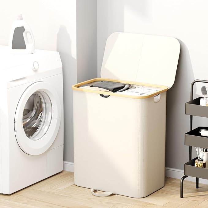XLHOMO 160L Double Laundry Hamper with Lid, Dirty Clothes Hamper with 2 Removable Bags, Beige Laundry Hamper 2 section with Bamboo Handles Easy to Carry for Bedroom, Bathroom, Dorm, College