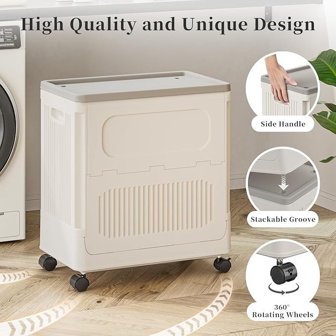HAIXIN HOME Slim Rolling Laundry Hamper with Lid, 60L Foldable Plastic Laundry Basket on Wheels with Handle, Dirty Clothes Hamper Cart for Narrow Spaces, Bedroom, Bathroom, Closet, Dorm, Under Table