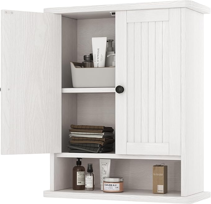 Homeiju Wooden Farmhouse Style Rustic Medicine Cabinet with Two Barn Doors, Wooden Wall Mounted Storage Cabinet with Open and Hidden Storage Space, for Bathroom, Living Room, Kitchen, White