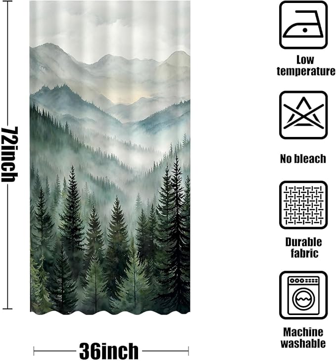 Accnicc Forest Mountain Shower Curtain Dark Green Nature Misty Pine Tree Shower Curtains for Bathroom Foggy Rustic Woodland Decorative Waterproof Fabric Bath Curtain Decor 36×72 Inches