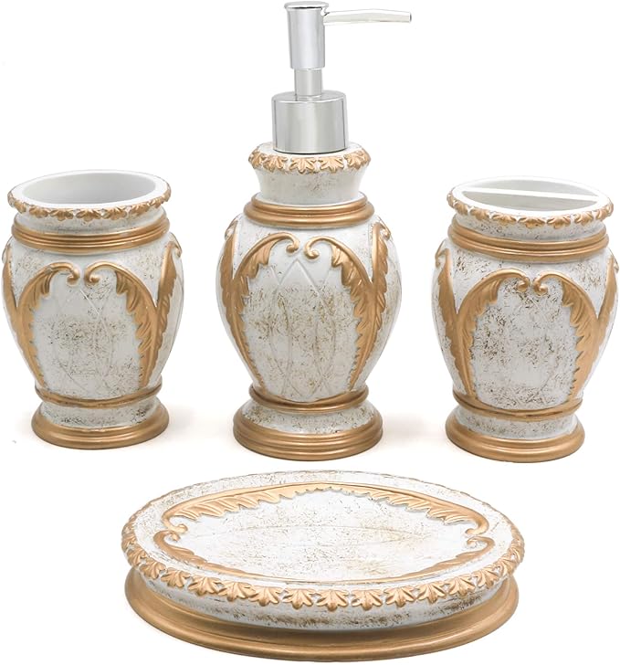 LUANT 4 Pieces Bathroom Accessory Set Including Tumbler, Toothbrush Holder, Soap Dish and Soap Dispenser, White with Gold