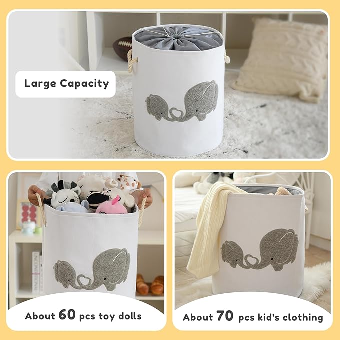 INough Baby Hamper Extra Large Nursery Hamper, 58L Kids Toys Basket Laundry Basket for Baby's Dirty Clothes Collapsible Storage Basket Canvas Clothes Hamper Toy Box Dorm Room Essentials for College