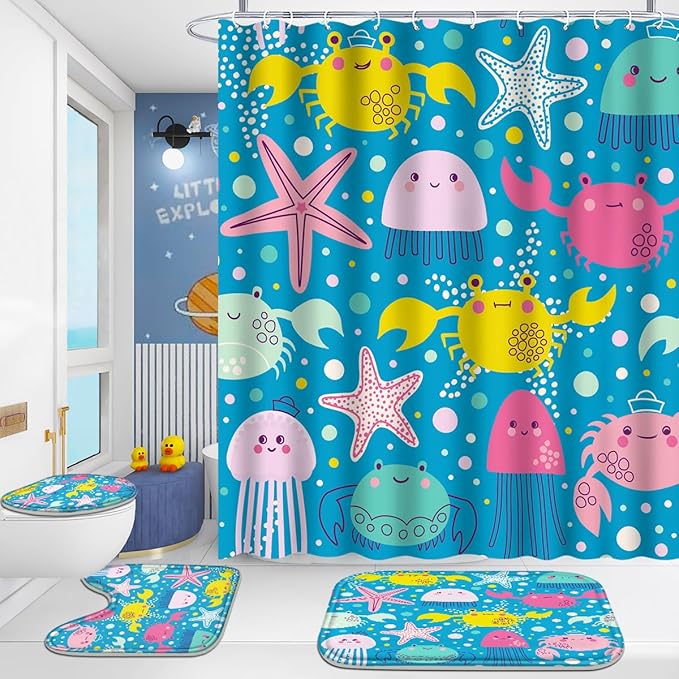 Poedist 4 Pcs Bathroom Shower Curtain Set,Kid's Bathroom Set,Ocean Octopus Shower Curtain Sets with Rugs(Bath Mat,U Shape and Toilet Lid Cover Mat) and 12 Hooks