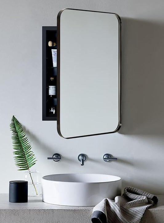 Oil Rubbed Bronze Rectangle Recessed Bathroom Medicine Cabinet with Mirror Stainless Steel Dark Bronze Metal Framed Rounded Rectangular Bathroom Cabinet with Mirror 16x24''