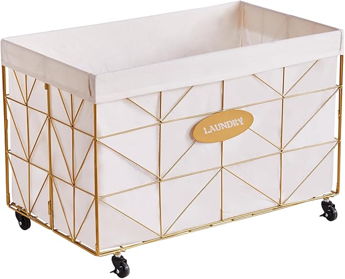 Mxfurhawa Laundry Hamper,Collapsible Laundry Basket Large Capacity Metal Laundry Hamper with Removable Liner, Rolling Wheels and Collapsible Design for Clothes Storage and Organization (160L GOLD)