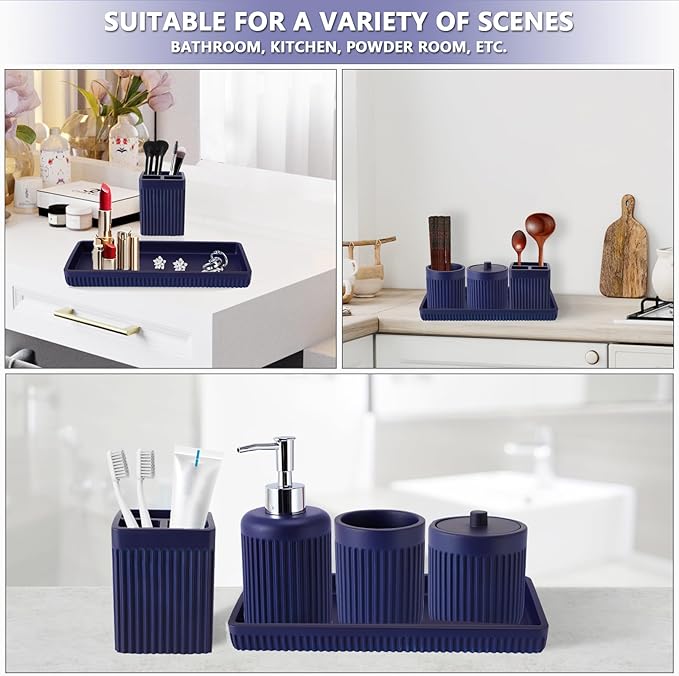 XLHOMO Resin Navy Blue Bathroom Accessories Set 5 Pcs, Lotion Soap Dispenser, Toothbrush Holder, Bathroom Tumbler, Qtip Holder and Vanity Tray, Bathroom Countertop Organizer Set for Modern Apartment