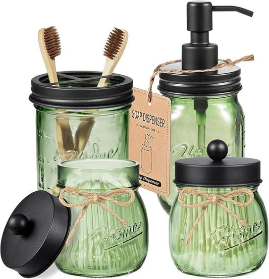 Amolliar 4PCS Bathroom Accessories Set (Lotion Soap Dispenser, Toothbrush Holder, 2 Qtip Holders), Rustic Farmhouse Decor, Green Glass Organizer for Countertop & Vanity, Bathroom Essentials, Black