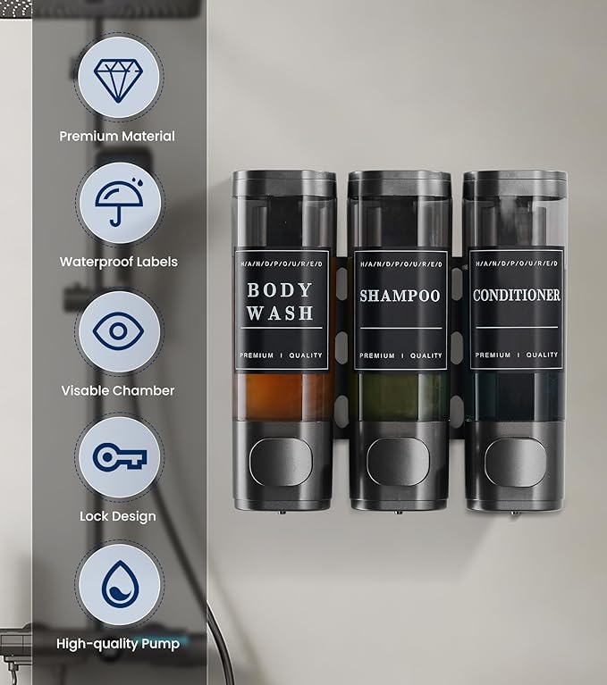 Cabo Deseado Shower Soap Dispenser Wall Mounted No Drill Shampoo Dispenser for Shower Wall Shampoo and Conditioner Dispenser Bathroom Hotel 3 * 300ml Gungray with Labels