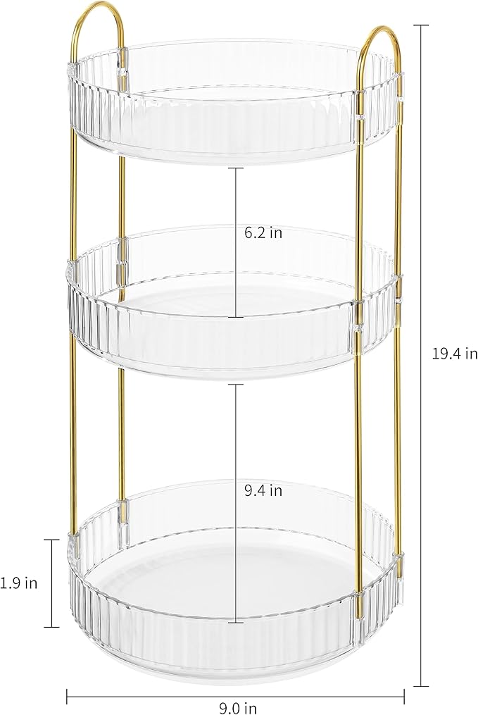 3-Tier Rotating Makeup Organizer, 360° Spinning Cosmetic Storage, 18.5" Height Clear Vanity Display with Gold Metal Frame