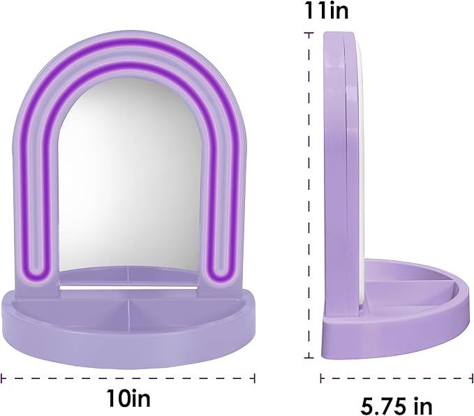 LED Vanity Mirror with Tray, for Desk, Dressing Table, Light Up Mirror for Makeup, Dorm Desk Vanity Mirror with Lights, Purple