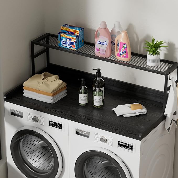 Washer Dryer Countertop with Shelf, Washer Dryer Topper, Solid Wood Washers and Dryers Countertop, 54" Width x 27.5" Depth Laundry Countertop for Laundry Room Organization and Storage, Black
