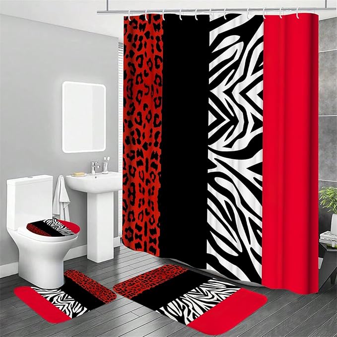 Onalasyc 4Pcs Red Leopard Shower Curtain with Rugs Set Waterproof Cheetah Print Bathroom Sets with Shower Curtain and Rugs Red Leopard Animal Print Bathroom Curtains Shower Set with 12 pcs Hooks