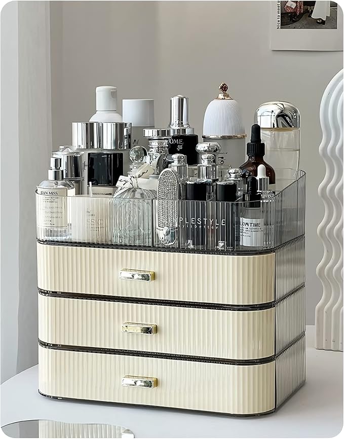 Makeup Organizer with 3 Stackable Drawers, Bathroom Vanity Organizers and Storage, Ideal for Desk and Dresser Countertops, Great for Cosmetics, skincare, Lipsticks, Nail Care