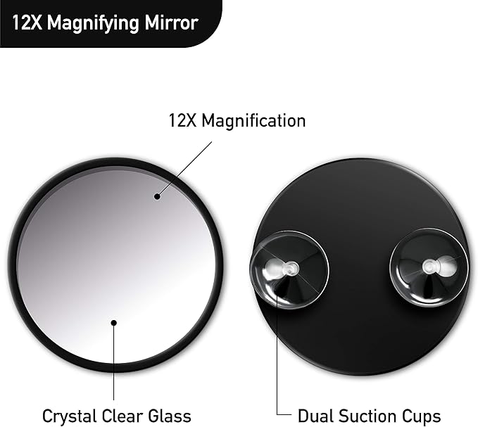 12X Magnifying Makeup Mirror with Suction Cups, Portable 6 Inch Travel Mirror for Makeup, Tweezing, and Skincare