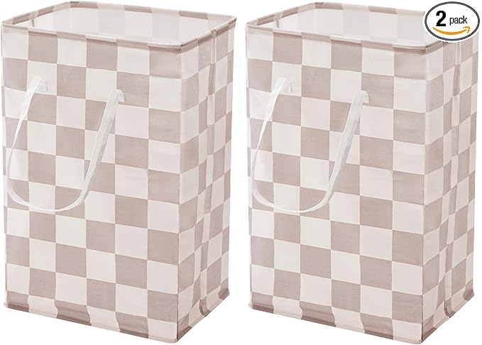 Ohocut Checkered Laundry Hamper, Pack of 2, Large Beige Khaki Collapsible Cloth Hampers Basket for Storage Organization Cute Aesthetic, 2 x 75L