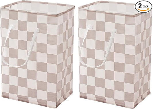 Ohocut Checkered Laundry Hamper, Pack of 2, Large Beige Khaki Collapsible Cloth Hampers Basket for Storage Organization Cute Aesthetic, 2 x 75L
