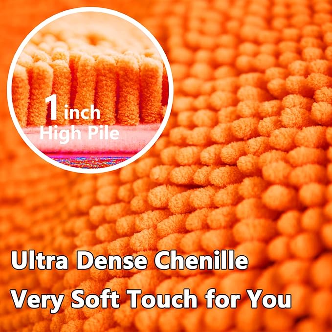 BOANKODU Bath Mat Sets 2 Piece, Soft Chenille Absorbent Non-Slip Mat, 32x20 U Shape + 20x20 Inch; Machine Washable (Orange)