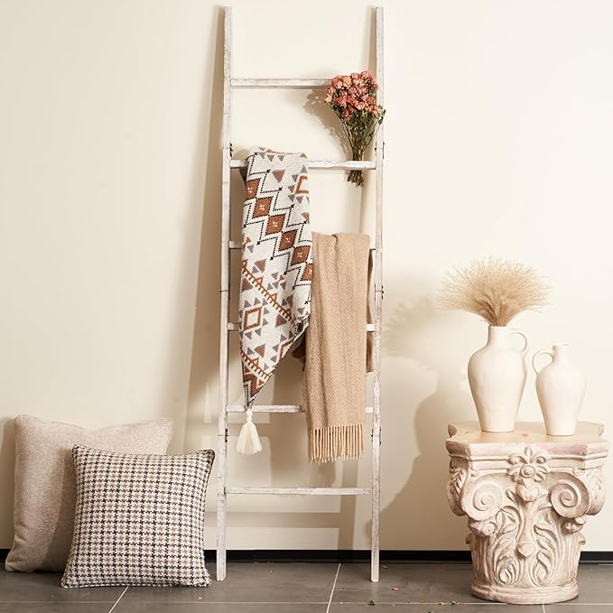Blanket Ladder for The Living Room 6-Tier, Wooden Decorative Quilt Holder for Bed Room, Wall-Leaning Towel Rack for Bathroom，Rustic Farmhouse Ladders for Display. (White Wash)