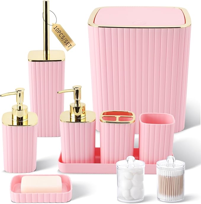 XLHOMO Pink Bathroom Accessories Set - Gorgeous Bathroom Set, 10PC Bathroom Accessory Set, Toilet Brush, Trash Can, Qtip Holder & Soap Dispenser