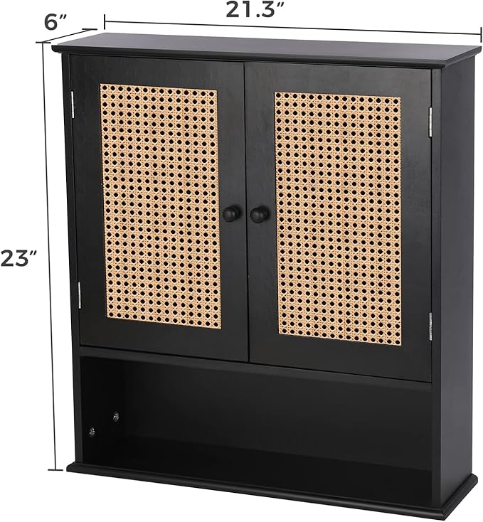 ZYBT Bathroom Medicine Cabinet Wall Mounted,Black Rattan Storage Towel Cabinet for Bathroom Storage Over The Toilet, Floating Hanging Cabinet for Small Spaces Kitchen Laundry Living Room