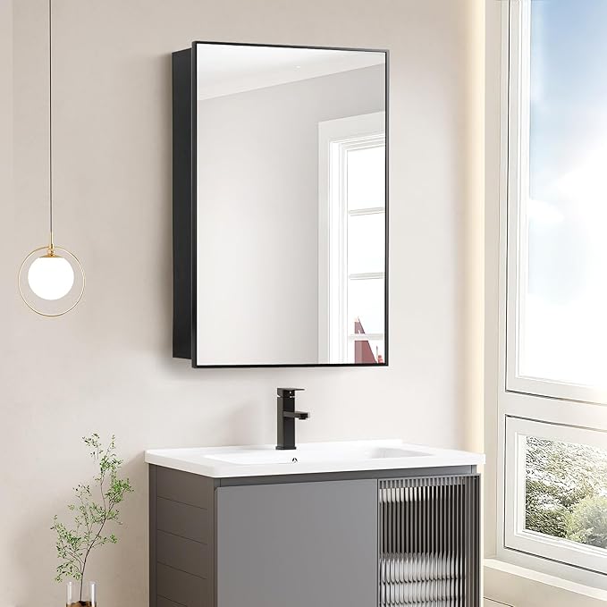Medicine Cabinet Mirror, 20x30 Inch Rectangle Wall Mounted Bathroom Vanity Mirror with Storage & Adjustable Tempered Glass Shelves Medicine Cabinet for Bathroom, Black