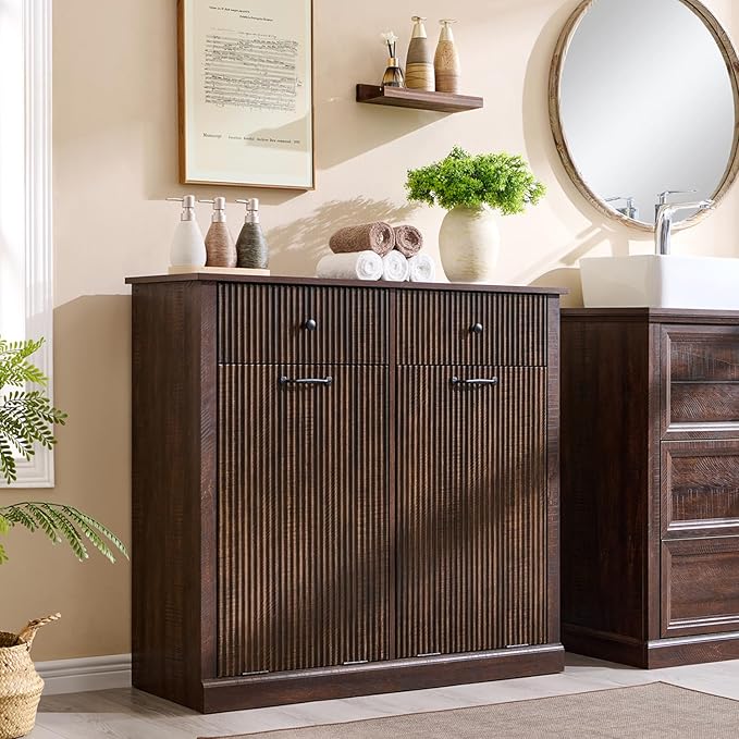 IFBUY Modern Double Tilt-Out Laundry Hamper Cabinet, 20 Gallon Fluted Trash Can Cabinet w/2 Drawers, Wooden Hidden Garbage Can Cabinets w/Laundry Basket, Free Standing for Bathroom and Kitchen, Brown