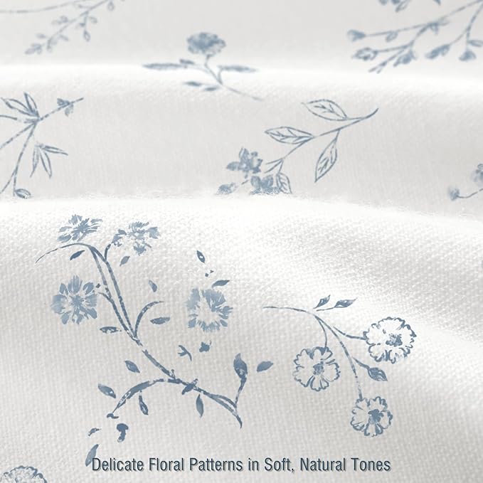 Blue Floral Farmhouse Vintage Cotton Shower Curtain, French Country Shower Curtains for Bathroom, 72Wx72H
