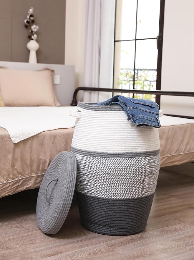 26"x20" Handcrafted Tall Cotton Rope Basket with Lid, Stylish Flagon Shape with Cover, Clothes Hamper with Top, for Bedroom and Living Room, White/Grey Mix/Dark Grey