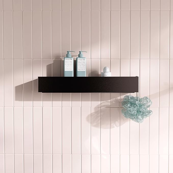 Modern Black Metal Floating Shelf for Bathroom & Kitchen – 20" Minimalist Wall Shelf with Powder-Coated Finish, No-Drill or Screw Mount, European-Made Stylish Organizer for Tiles & Walls