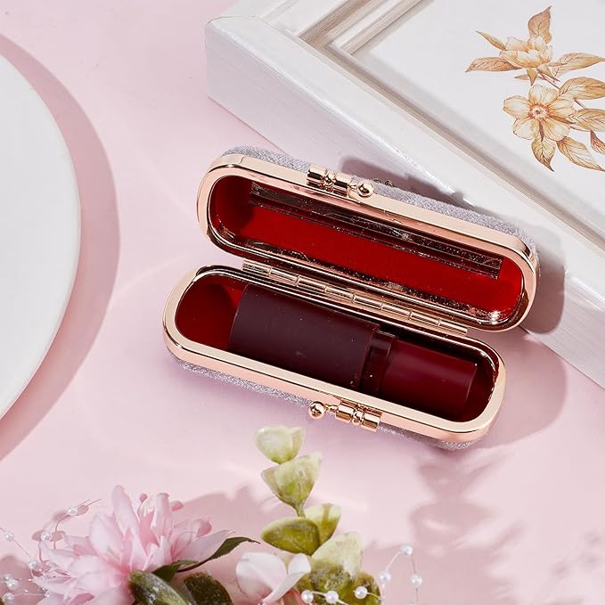 NICENEEDED Vintage Lipstick Case with Mirror, Retro Velvet Lip stick Storage Cases Lip Balm Organizer Holder, Mini Portable Jewelry Container Pearl Decoration Cosmetic Box