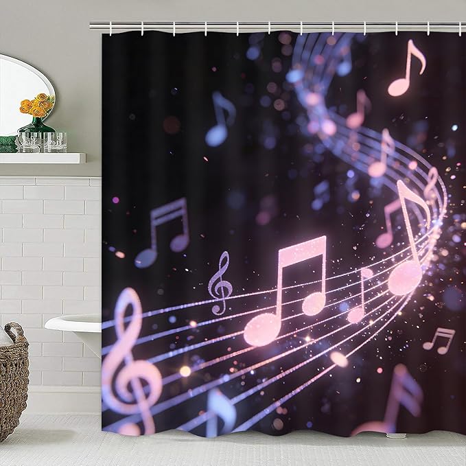 AZHM Glitter Music Note Shower Curtain Set 4 PCS Modern Black Purple Bathroom Decor Set with Non-Slip Bath Rugs, Toilet Lid Cover & U-Shaped Mat