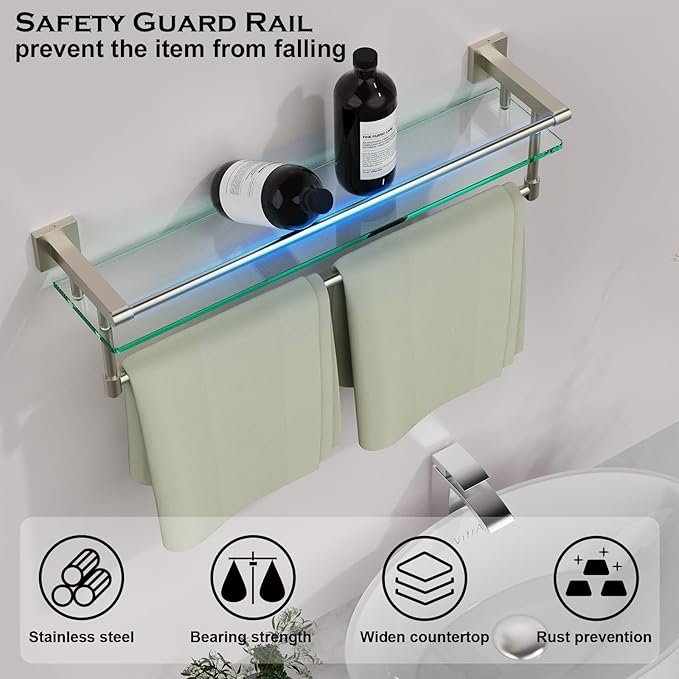 24-Inch Modern Wall-Mounted Bathroom Glass Shelf with 1 Shelf, Brushed Nickel, 1 Towel Bar, 45 lbs Weight Capacity
