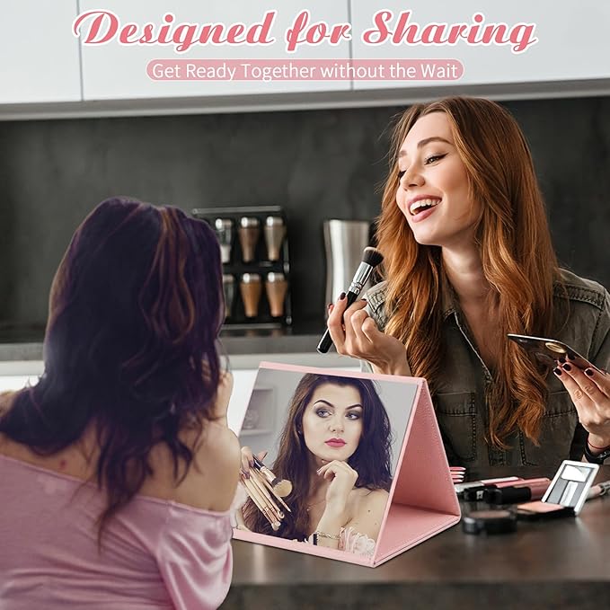 3 Way Foldable Full Length Mirror with Handle 31.89 x 11.22 Inches Leather Portable Camping Travel Hanging Folding Body Mirror for Makeup Dance Fitness Spa Hair Styling(Pink,Classic)