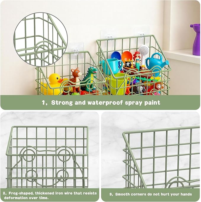 Greentainer 2 PackBath Toy Organizer, Wall Mounted Shower Storage Basket - Metal Bathtub Toy Holder with Hooks for Sorting Kids Toys, Baby Bath Accessories, Toiletries & Shampoo（Green frog）