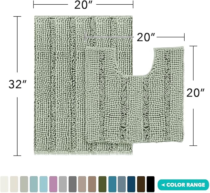 Turquoize Chenille Bathroom Rugs Set Non-Slip Bath Mats for Bathroom Super Absorbent Shaggy Rugs for Tub Shower Toilet Plush Bath Rug Plus U Contour Rug (Standard: 20" x 32" and 20" x 20" U), Sage