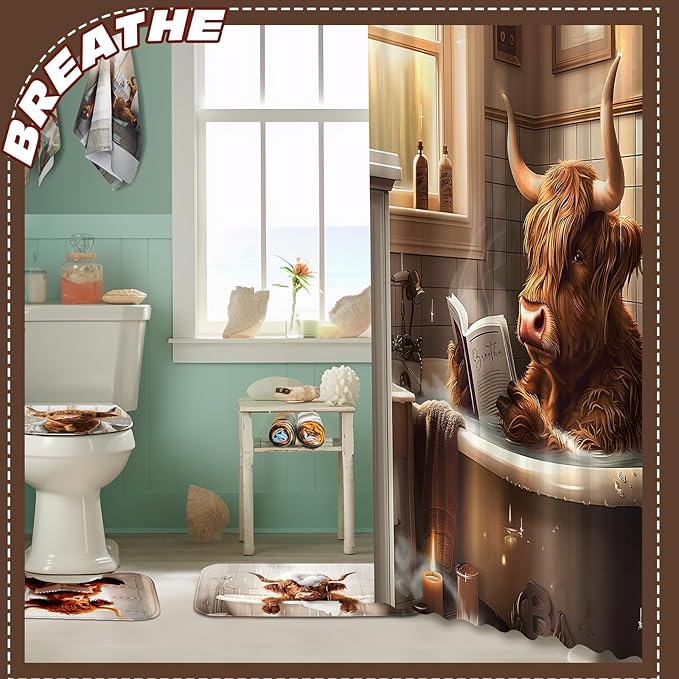 FuWeave 8 Pcs Highland Cattle Shower Curtain Sets for Bathroom Funny Highland Cattle Shower Curtain Sets with Rugs and Cow Towels, Include Non-Slip Rug, Toilet Lid Cover, Bath Mat and 12 Hooks