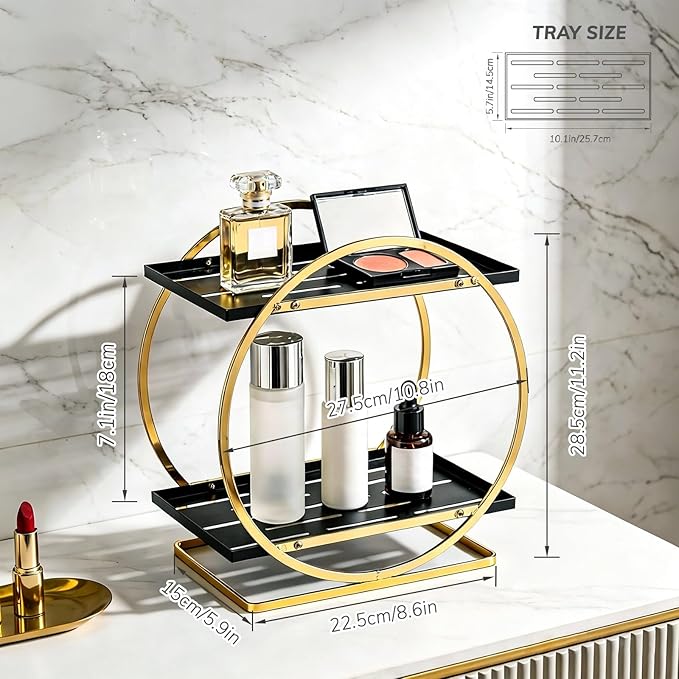 BO2701 2 Tier Bathroom Organizer, Perfume Organizer for Dresser, Black Gold