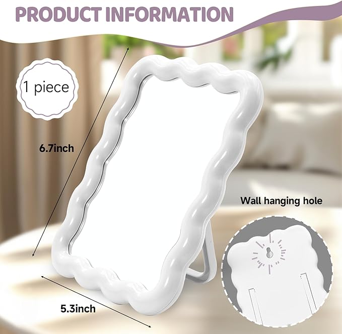 Philbinden Cute Wave-Shaped Desk Vanity Makeup Mirror,Portable Aesthetic Folding Mirror Travel Make Up Mirror for Standing/Hanging,Home Decorations Mirror for Women Girls (1, White)