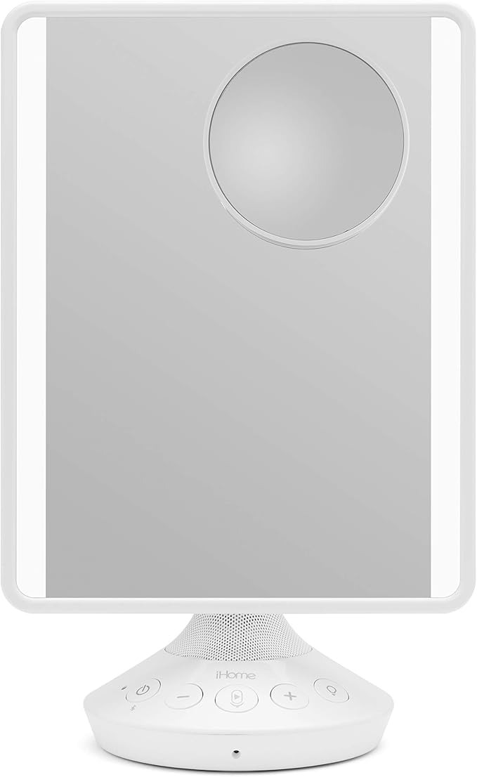 iHome 7" x 9" Reflect iCVBT22W Adjustable Vanity Mirror with Bonus 10X Mirror, Bluetooth Audio, Hands-Free Speakerphone, LED Lighting, Siri & Google Support USB Charging, (White, 7" x 9")